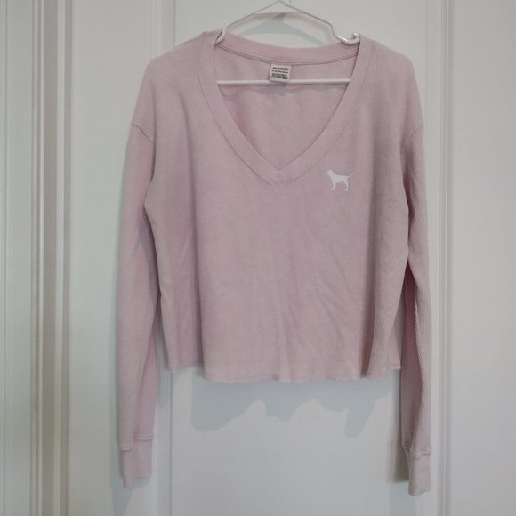 PINK Victoria's Secret Tops - PINK Victoria's Secret oversized pink waffle cropped long-sleeve top, XS